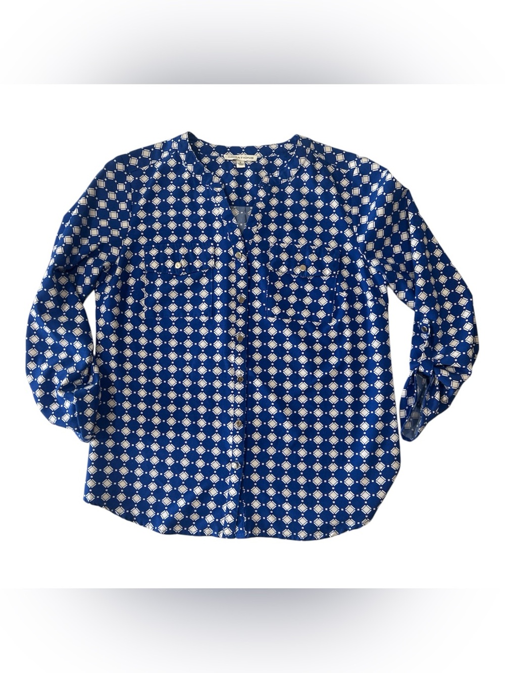 Notations Blue Geometric Button-Front Blouse Sz S